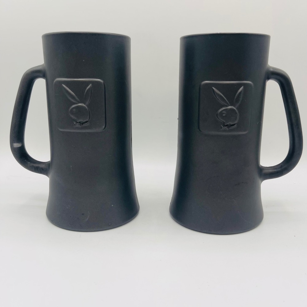 VTG Playboy Matte Black Ceramic Beer Stein Mug Set of 2 Embossed Bunny Logo 6.5"